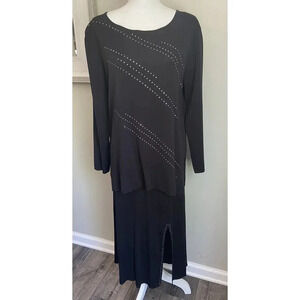 Exclusively Misook 2 Piece Knit Skirt Shirt Black Silver M L